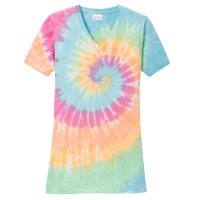 Port & Co Women's Tie Dye V Neck Tee, Pastel Rainbow, Front view