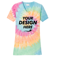 Port & Co Women's Tie Dye V Neck Tee, Pastel Rainbow, Front view, Mockup