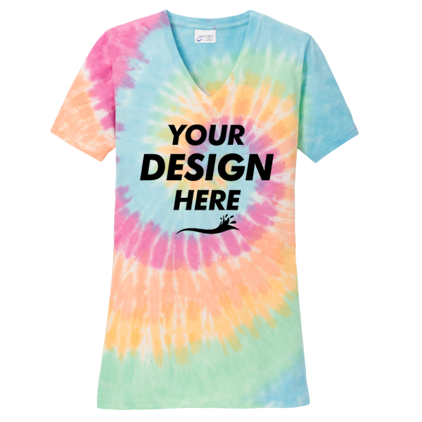Port & Co Women's Tie Dye V Neck Tee, Pastel Rainbow, Front view, Mockup