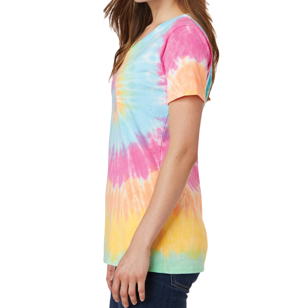 Port & Co Women's Tie Dye V Neck Tee, Pastel Rainbow, Left side view