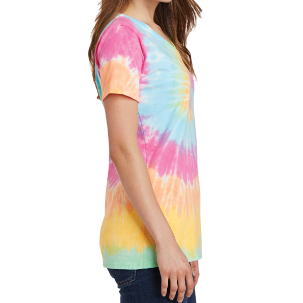 Port & Co Women's Tie Dye V Neck Tee, Pastel Rainbow, Right side view