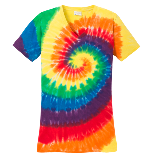 Port & Co Women's Tie Dye V Neck Tee, Rainbow, Front view