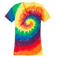 Port & Co Women's Tie Dye V Neck Tee, Rainbow, Front view