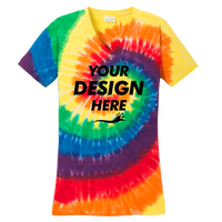 Port & Co Women's Tie Dye V Neck Tee, Rainbow, Front view, Mockup