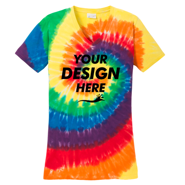 Port & Co Women's Tie Dye V Neck Tee, Rainbow, Front view, Mockup