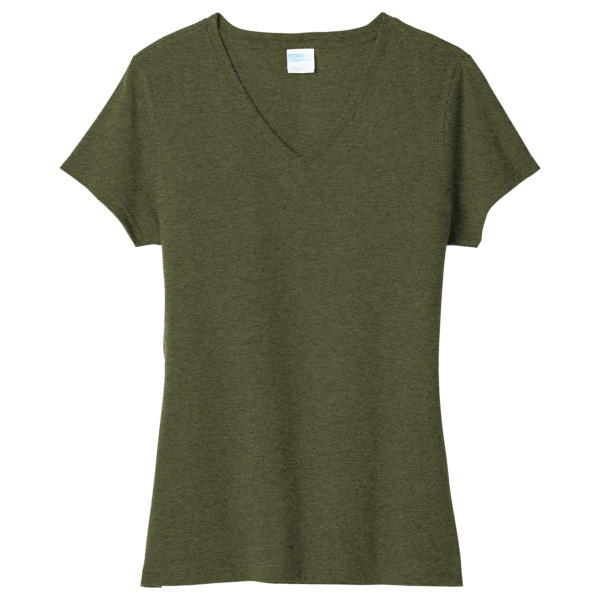 Port & Co Women's Tri Blend V Neck Tee, Military Green Heather, Front view