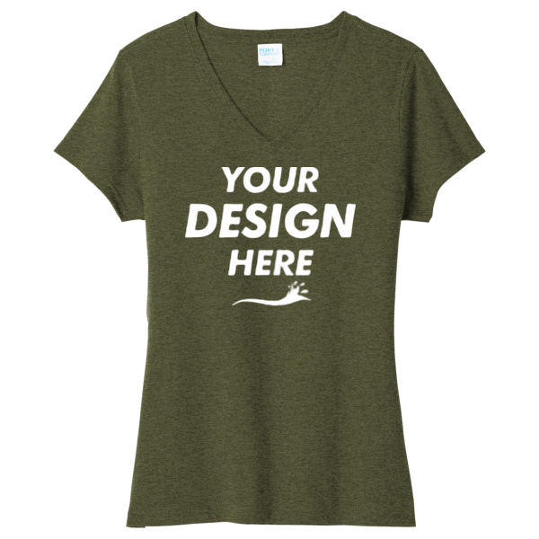 Port & Co Women's Tri Blend V Neck Tee, Military Green Heather, Front view, Mockup