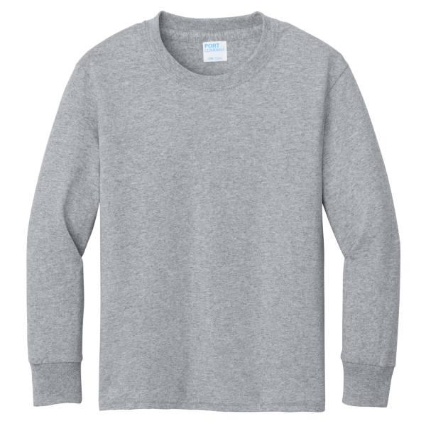 Port & Co Youth Long Sleeve Core Cotton Tee, Athletic Heather, Front view