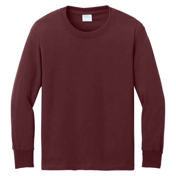 Port & Co Youth Long Sleeve Core Cotton Tee, Athletic Maroon, Front view