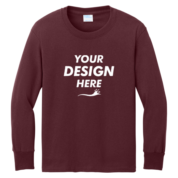 Port & Co Youth Long Sleeve Core Cotton Tee, Athletic Maroon, Front view, Mockup
