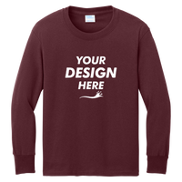 Port & Co Youth Long Sleeve Core Cotton Tee, Athletic Maroon, Front view, Mockup