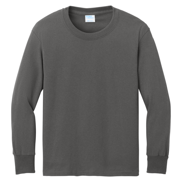Port & Co Youth Long Sleeve Core Cotton Tee, Charcoal, Front view