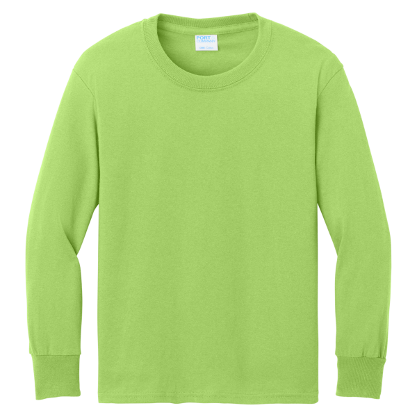 Port & Co Youth Long Sleeve Core Cotton Tee, Lime, Front view