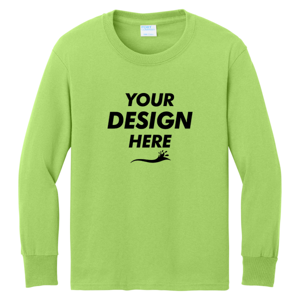 Port & Co Youth Long Sleeve Core Cotton Tee, Lime, Front view, Mockup