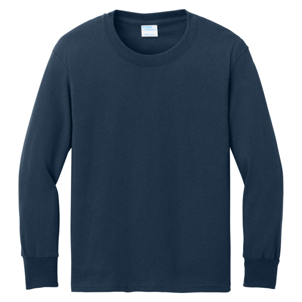 Port & Co Youth Long Sleeve Core Cotton Tee, Navy, Front view
