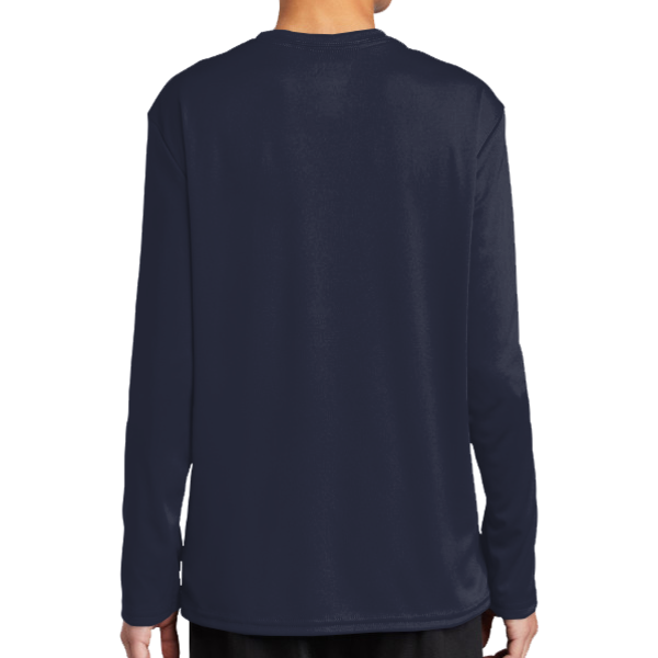 Port & Co Youth Long Sleeve Performance Tee, Deep Navy, Back view