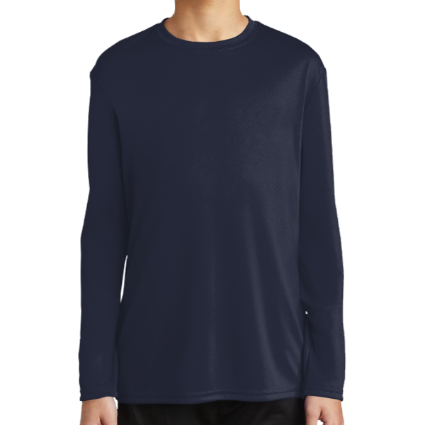 Port & Co Youth Long Sleeve Performance Tee, Deep Navy, Front view