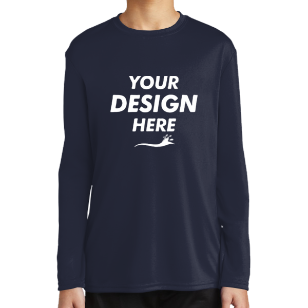 Port & Co Youth Long Sleeve Performance Tee, Deep Navy, Front view, Mockup