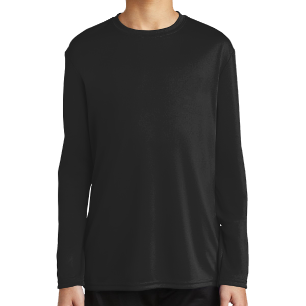 Port & Co Youth Long Sleeve Performance Tee, Jet Black, Front view
