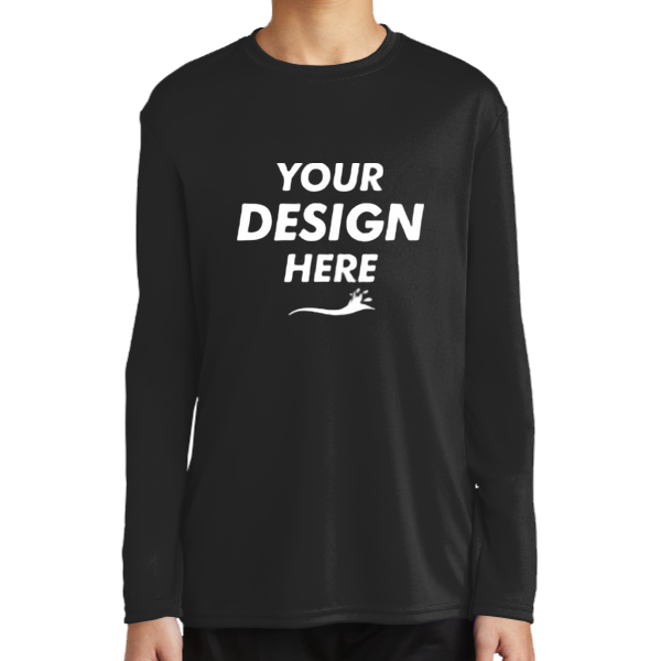 Port & Co Youth Long Sleeve Performance Tee, Jet Black, Front view, Mockup