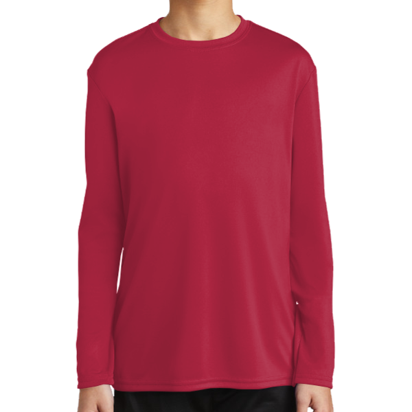 Port & Co Youth Long Sleeve Performance Tee, Red, Front view