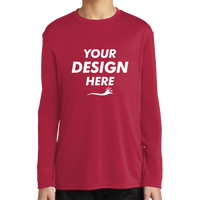 Port & Co Youth Long Sleeve Performance Tee, Red, Front view, Mockup