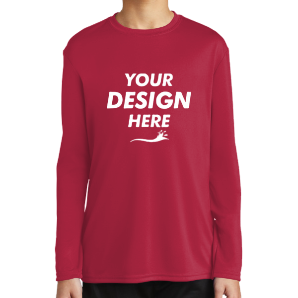 Port & Co Youth Long Sleeve Performance Tee, Red, Front view, Mockup