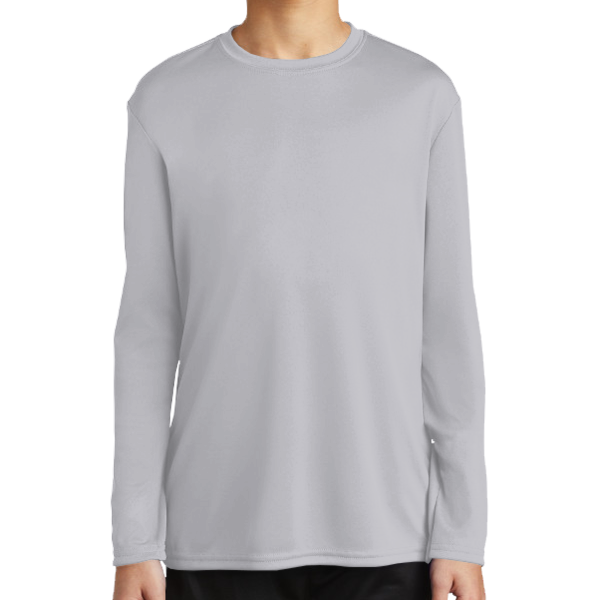 Port & Co Youth Long Sleeve Performance Tee, Silver, Front view