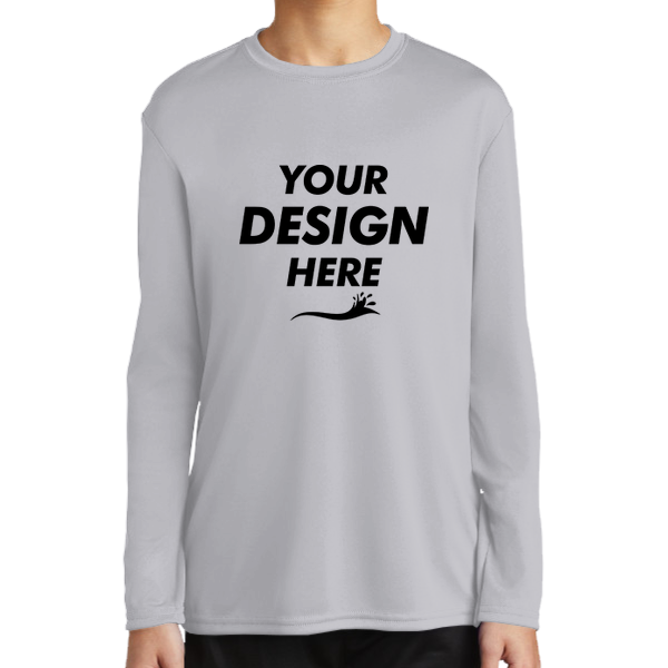 Port & Co Youth Long Sleeve Performance Tee, Silver, Front view, Mockup