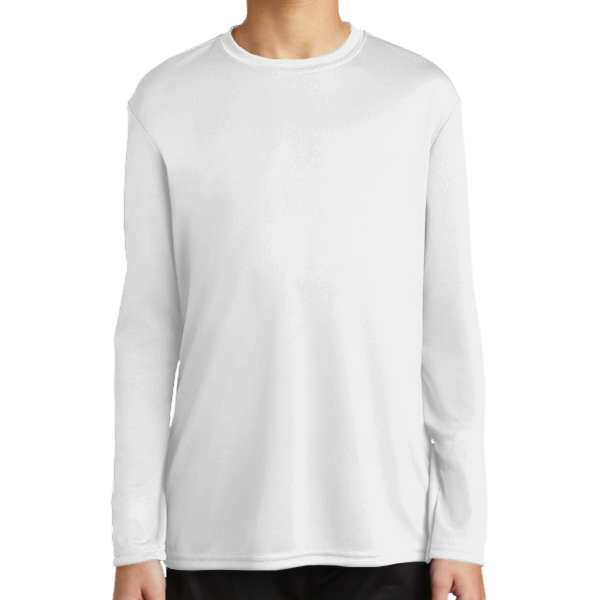Port & Co Youth Long Sleeve Performance Tee, White, Front view