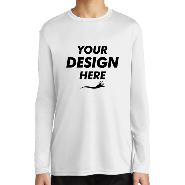 Port & Co Youth Long Sleeve Performance Tee, White, Front view, Mockup