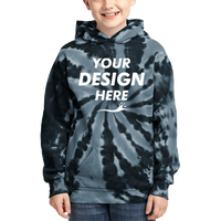Port & Co Youth Tie Dye Pullover Hooded Sweatshirt, Black, Front view, Mockup
