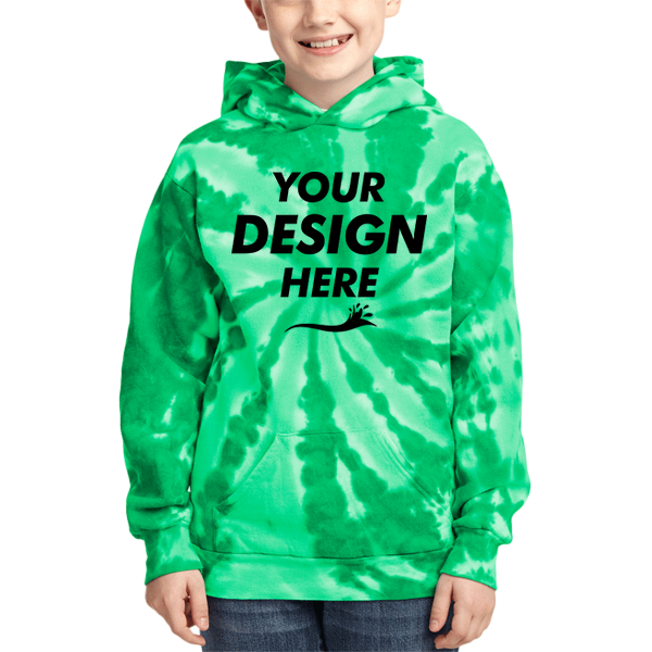 Port & Co Youth Tie Dye Pullover Hooded Sweatshirt, Kelly, Front view, Mockup
