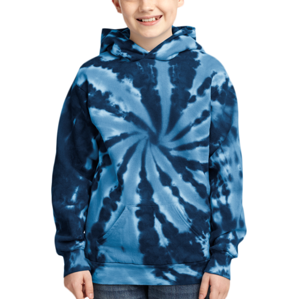 Port & Co Youth Tie Dye Pullover Hooded Sweatshirt, Navy, Front view