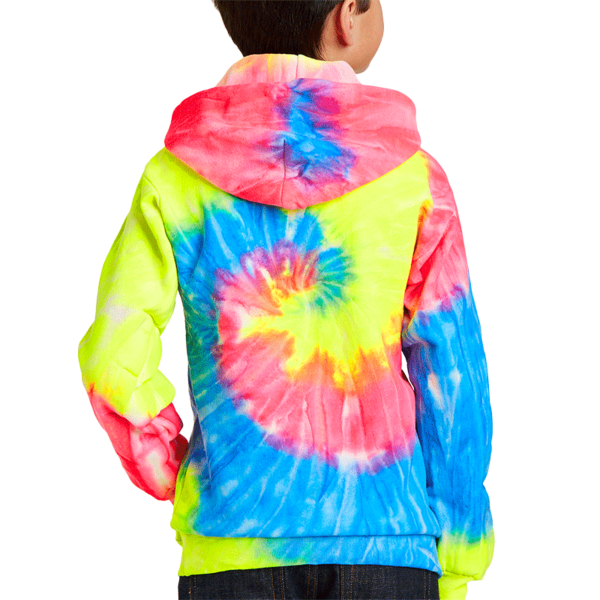 Port & Co Youth Tie Dye Pullover Hooded Sweatshirt, Neon Rainbow, Back view