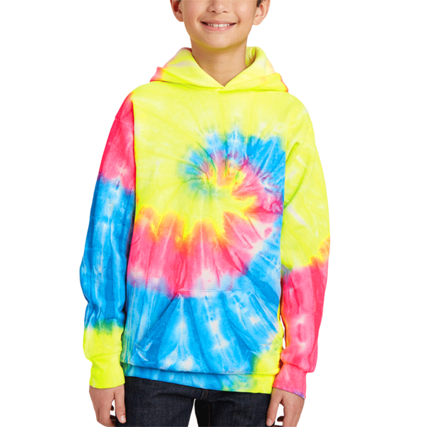 Port & Co Youth Tie Dye Pullover Hooded Sweatshirt, Neon Rainbow, Front view