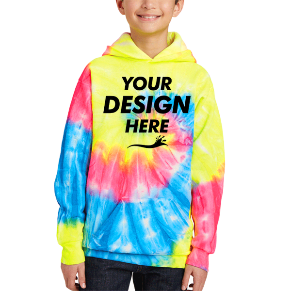 Port & Co Youth Tie Dye Pullover Hooded Sweatshirt, Neon Rainbow, Front view, Mockup