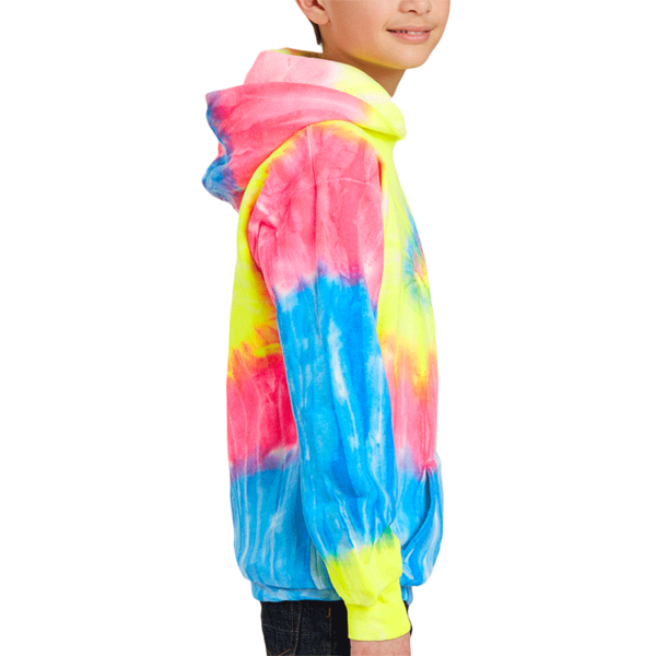 Port & Co Youth Tie Dye Pullover Hooded Sweatshirt, Neon Rainbow, Youth Right Sleeve (Long) view