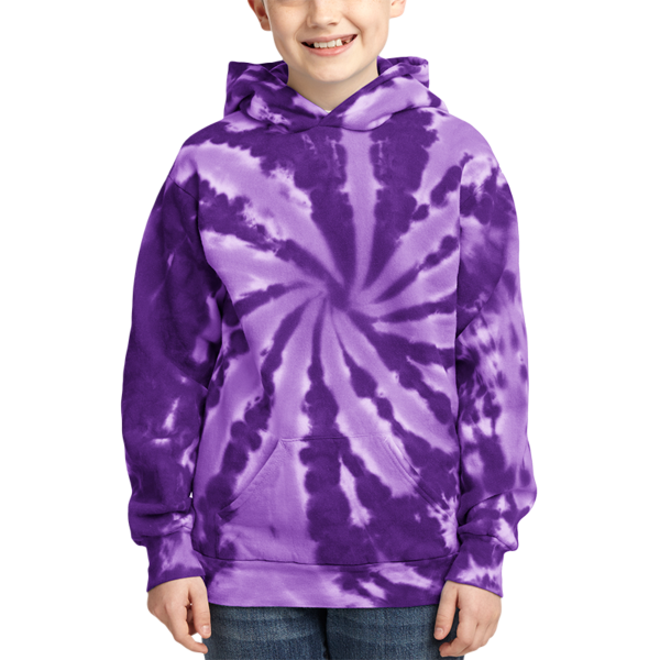 Port & Co Youth Tie Dye Pullover Hooded Sweatshirt, Purple, Front view