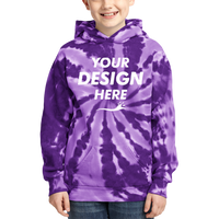 Port & Co Youth Tie Dye Pullover Hooded Sweatshirt, Purple, Front view, Mockup