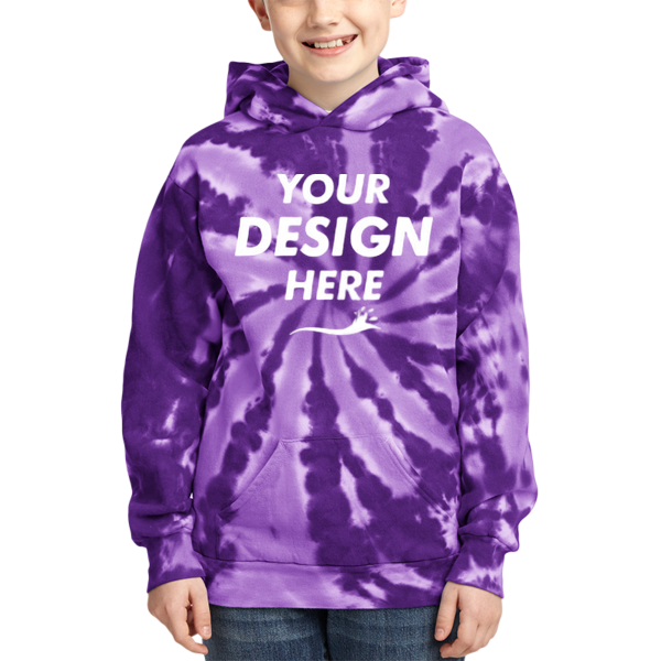Port & Co Youth Tie Dye Pullover Hooded Sweatshirt, Purple, Front view, Mockup