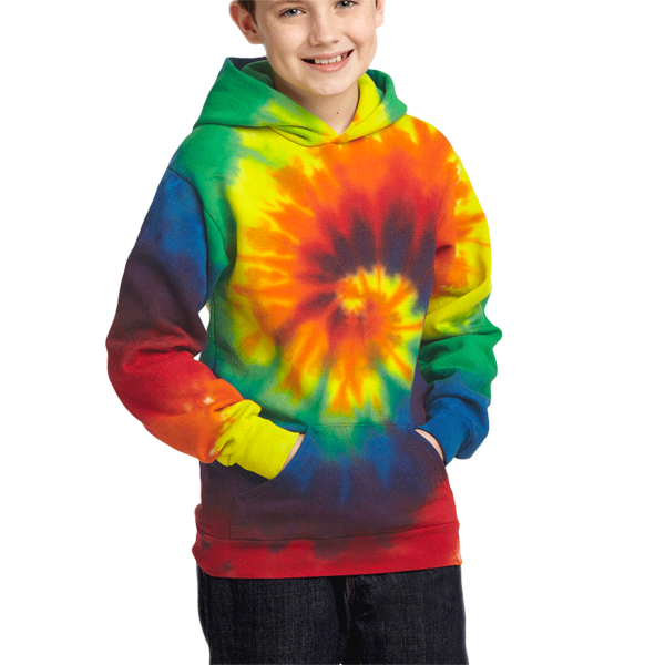 Port & Co Youth Tie Dye Pullover Hooded Sweatshirt, Rainbow, Front view