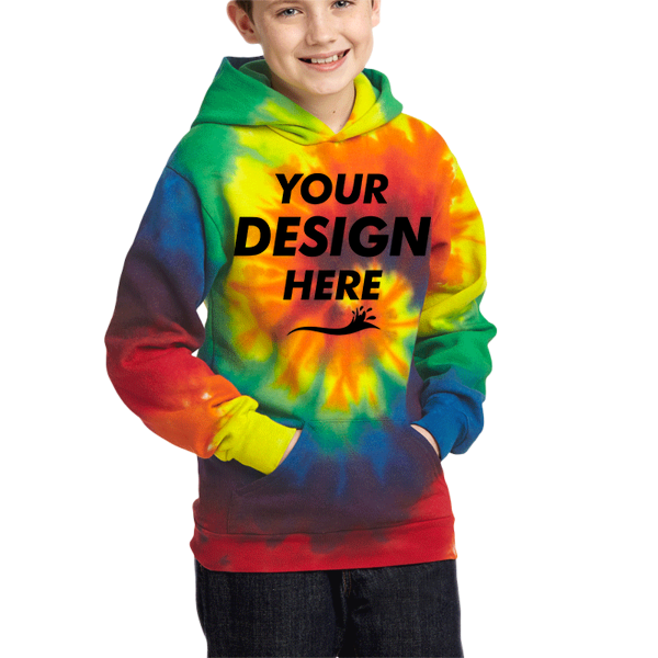 Port & Co Youth Tie Dye Pullover Hooded Sweatshirt, Rainbow, Front view, Mockup