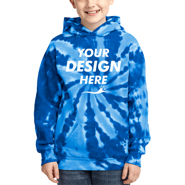 Port & Co Youth Tie Dye Pullover Hooded Sweatshirt, Royal, Front view, Mockup