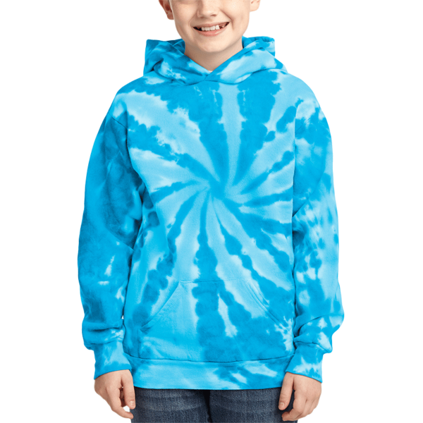 Port & Co Youth Tie Dye Pullover Hooded Sweatshirt, Turquoise, Front view