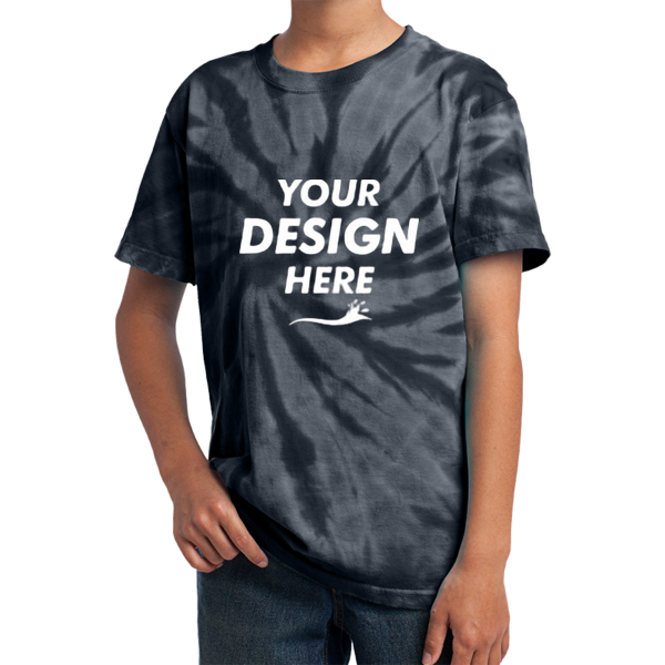 Port & Co Youth Tie Dye Tee, Black, Front view, Mockup