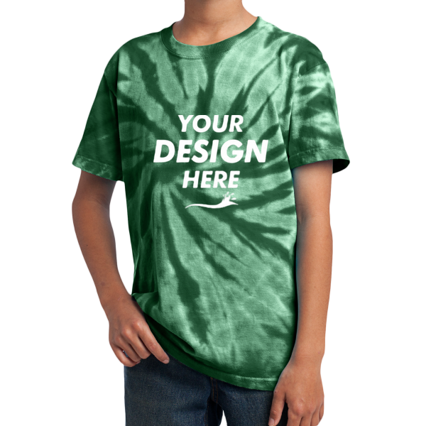 Port & Co Youth Tie Dye Tee, Forest Green, Front view, Mockup