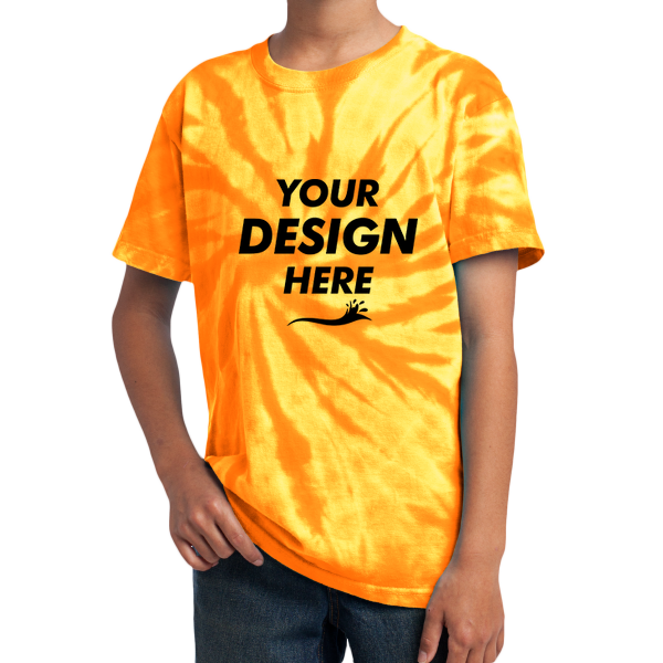 Port & Co Youth Tie Dye Tee, Gold, Front view, Mockup