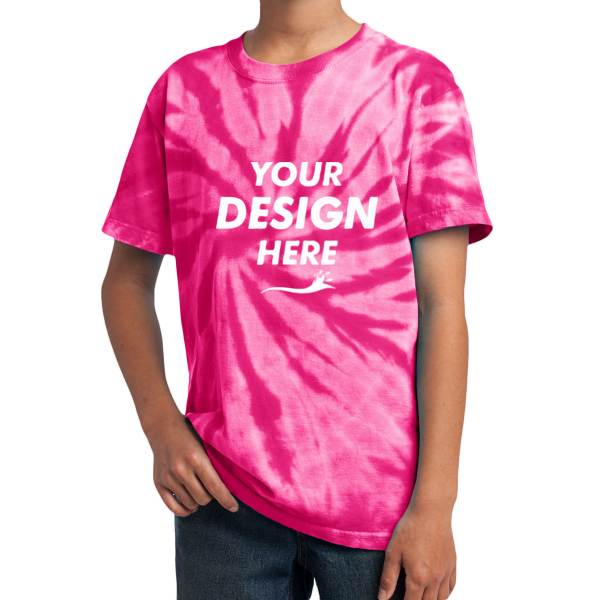 Port & Co Youth Tie Dye Tee, Pink, Front view, Mockup