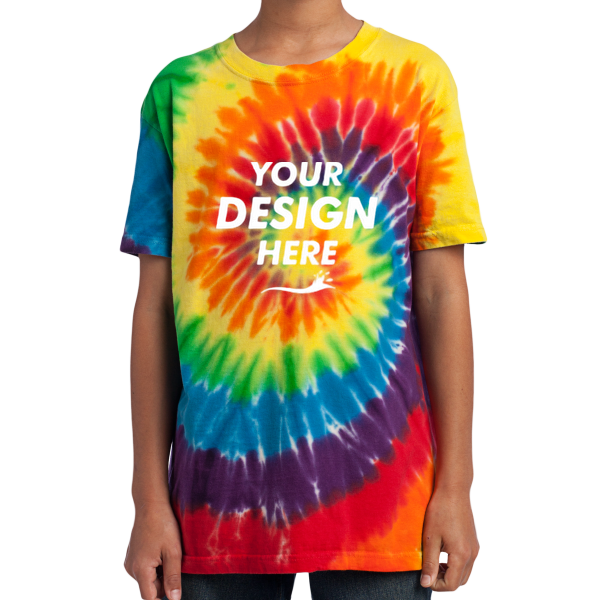 Port & Co Youth Tie Dye Tee, Rainbow, Front view, Mockup
